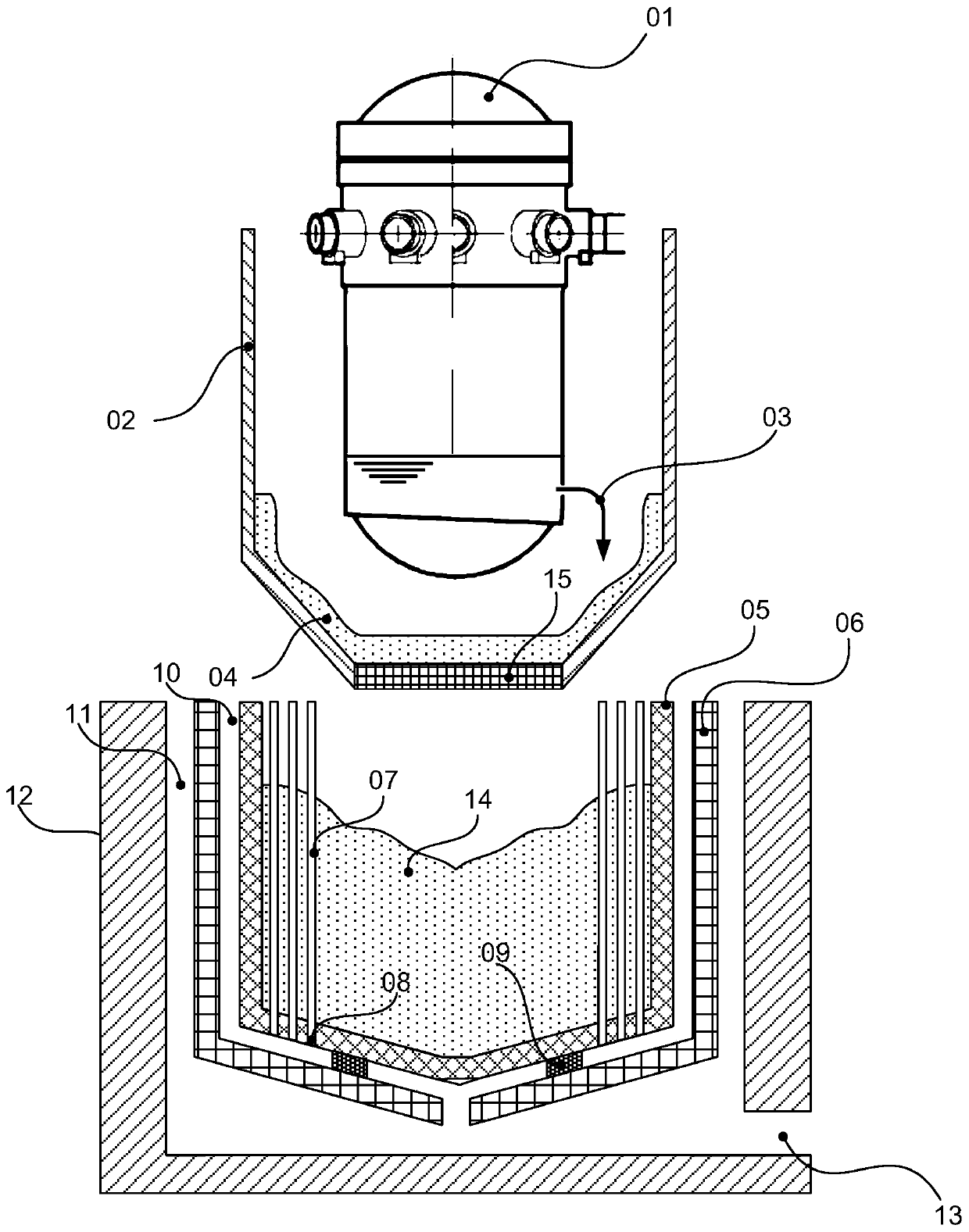 Double-layer crucible reactor core melt capturing device with internal cooling tube