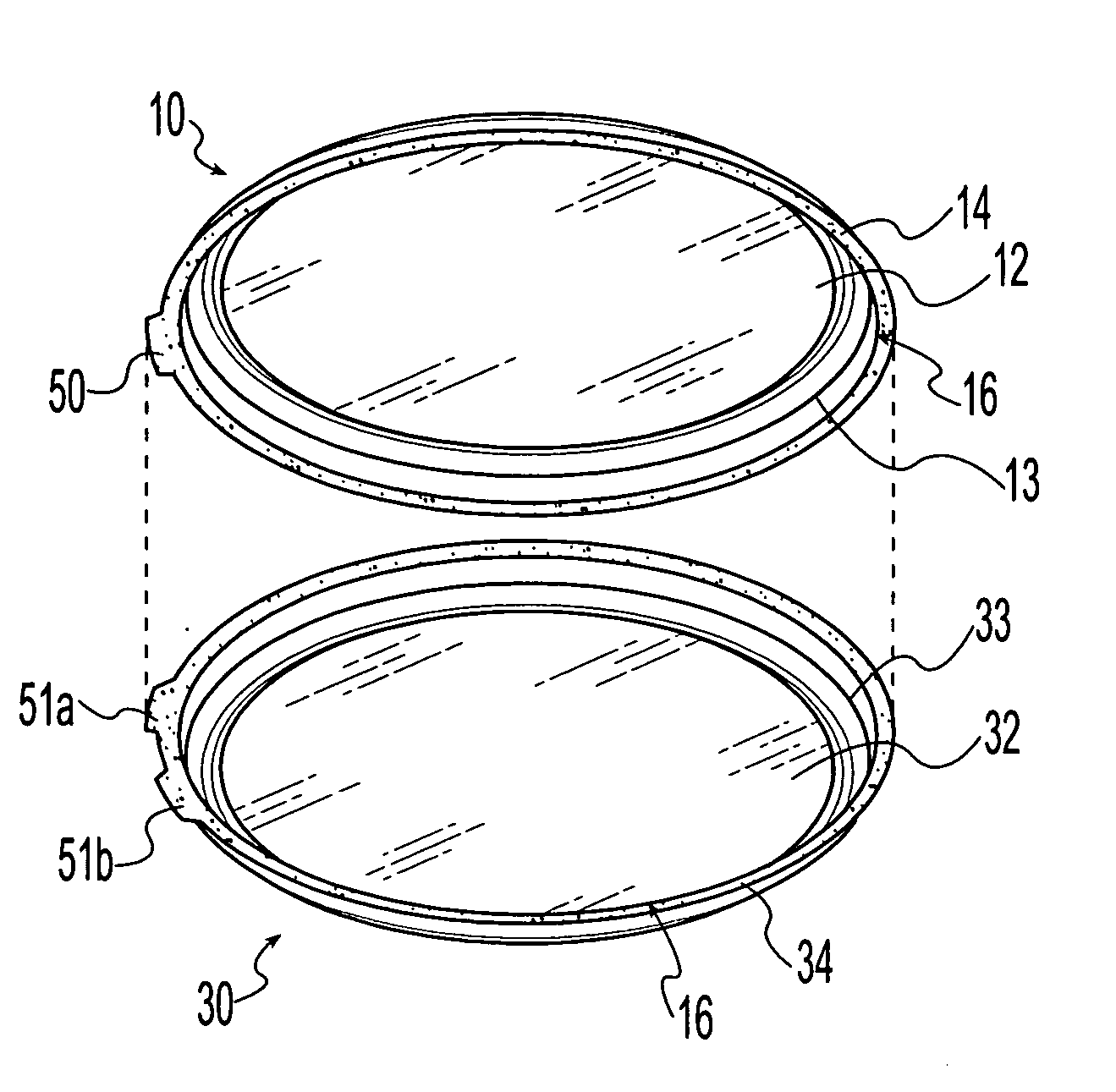 Food enclosing container with rebondable rim and liquid absorption and barrier layers