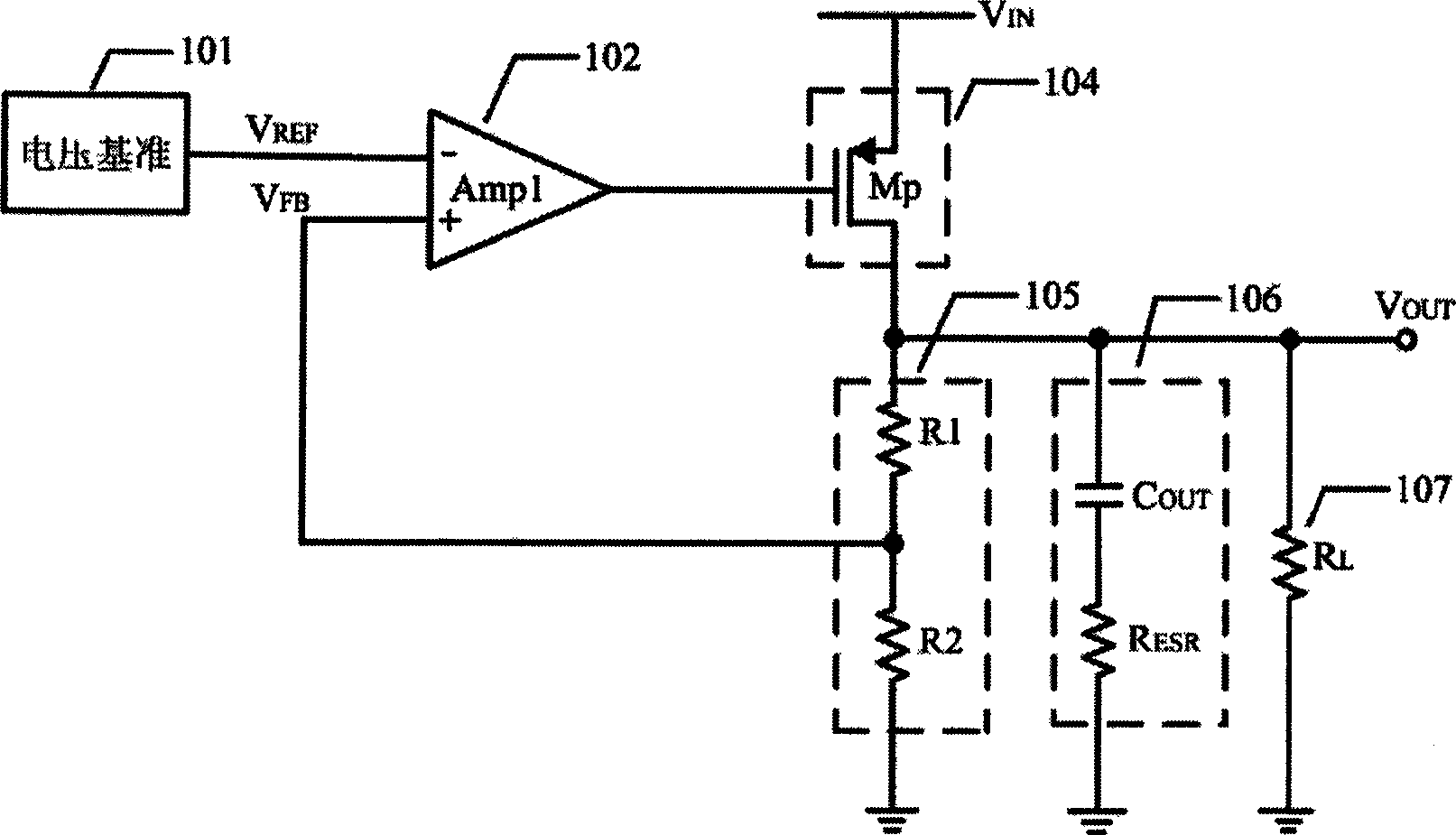 Low pressure difference linearity voltage stabilizer for enhancing performance by amplifier embedded compensation network