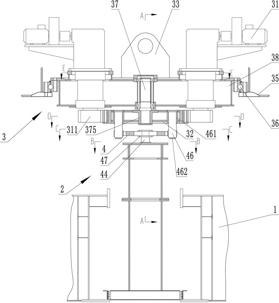 Discharging arm slewing mechanism for wheel bucket excavator