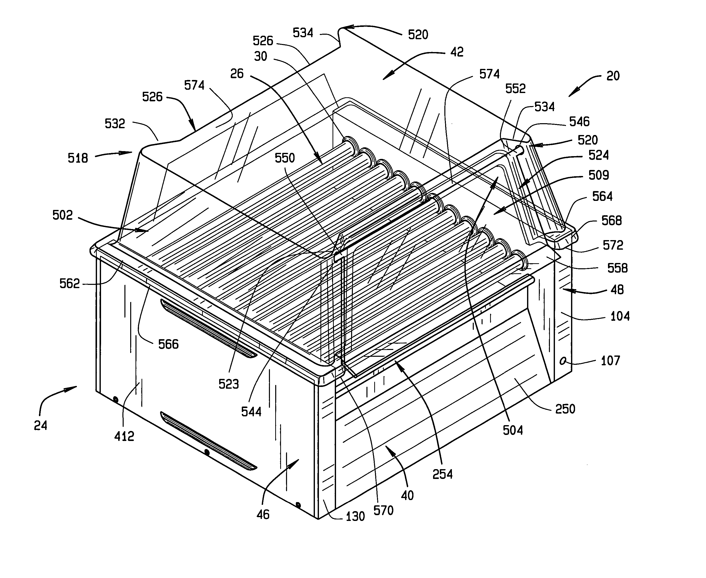 Roller grill assembly for cooking human food