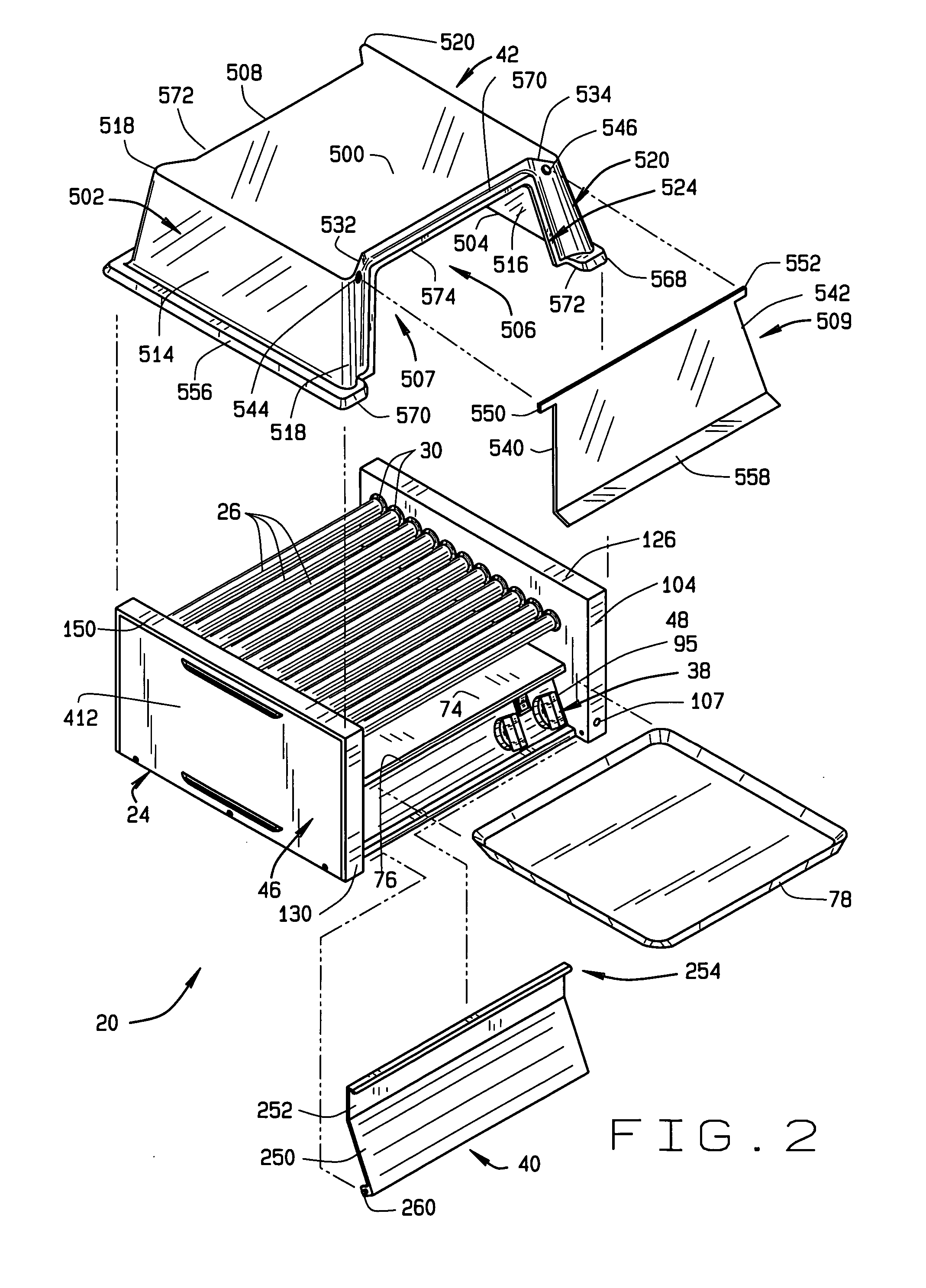 Roller grill assembly for cooking human food