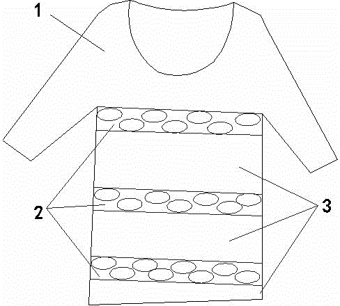 Porous fabric garment with hollowed-out bands and solid-line bands alternated