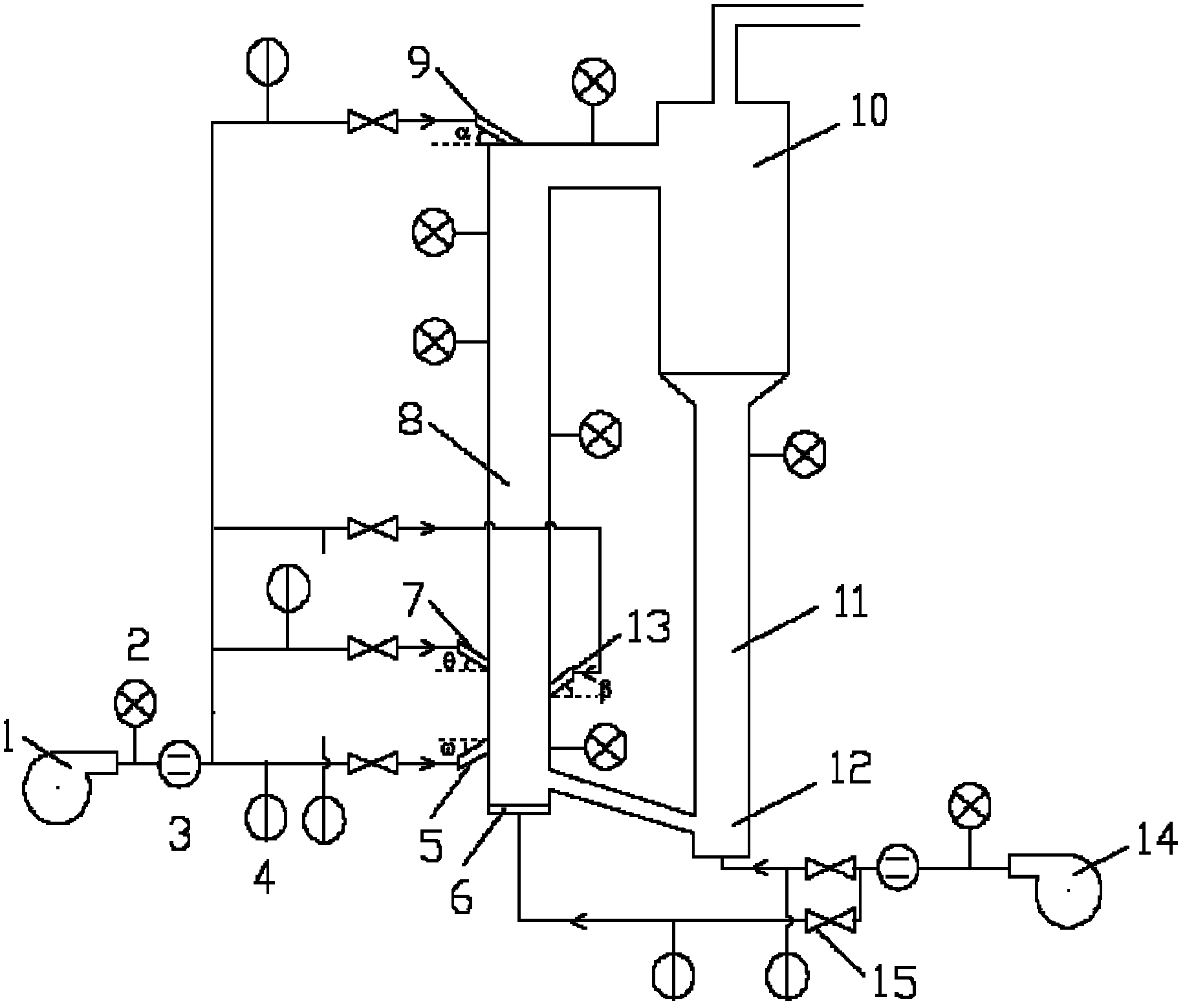 High density circulating fluidized bed device of four-point air-inflated structure used B category particle