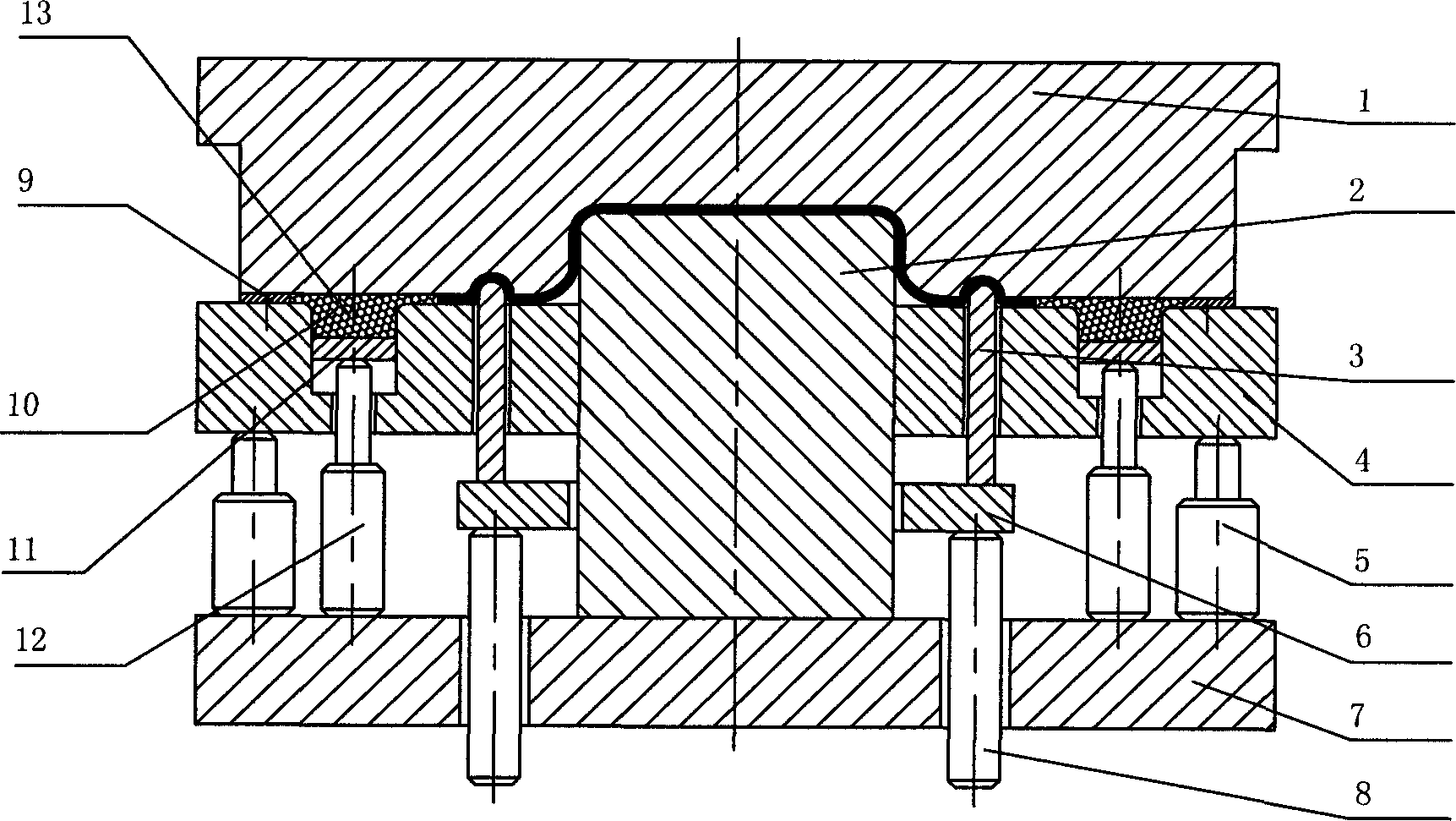 Moulding die with movable drawing rib and solid particle medium radial thrust