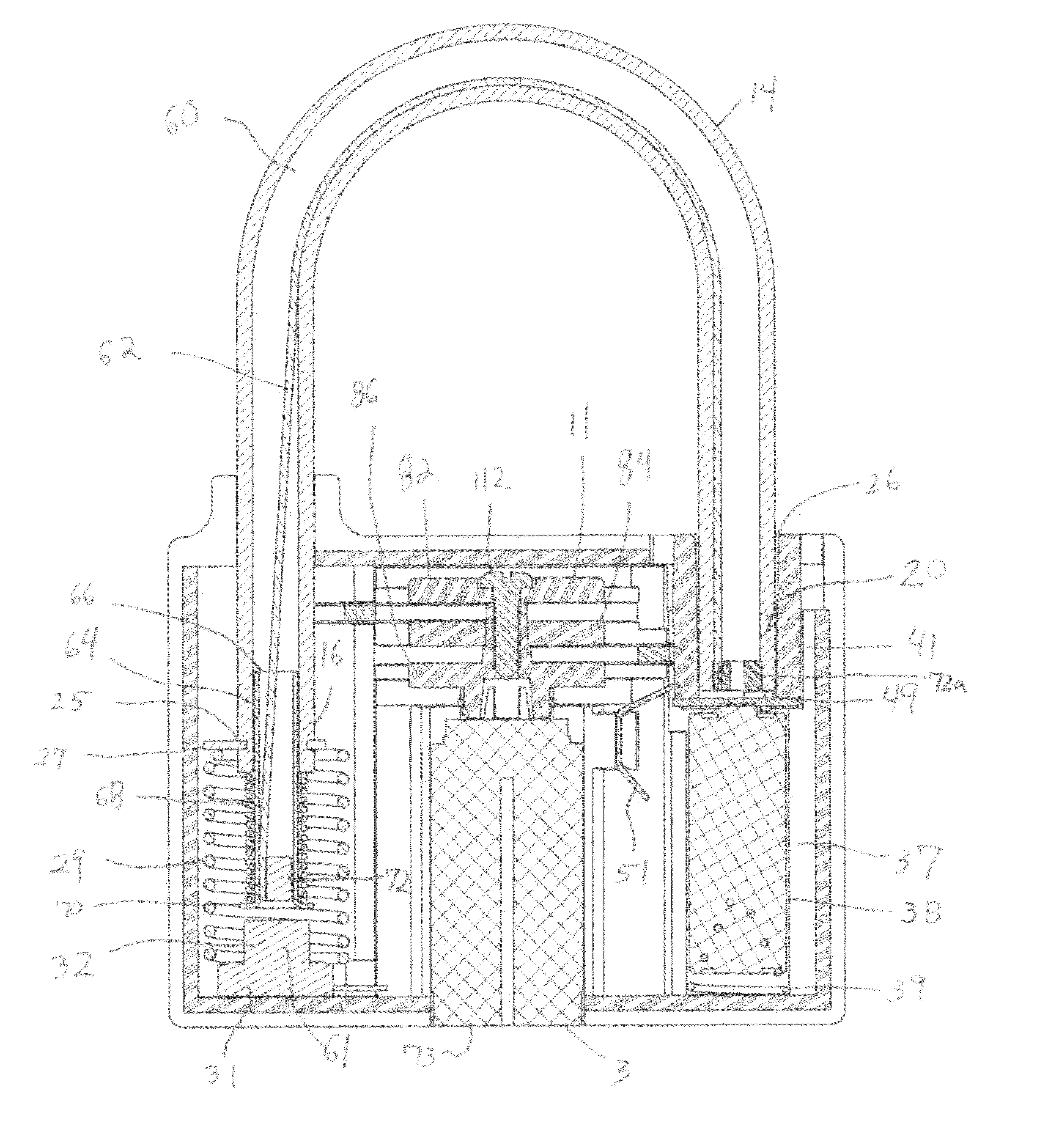 Padlock with alarm and shackle locking mechanism