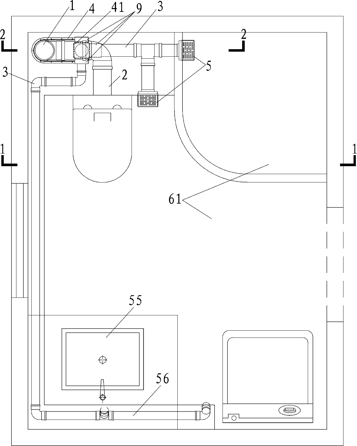Non-descending board same-floor drainage system for toilet