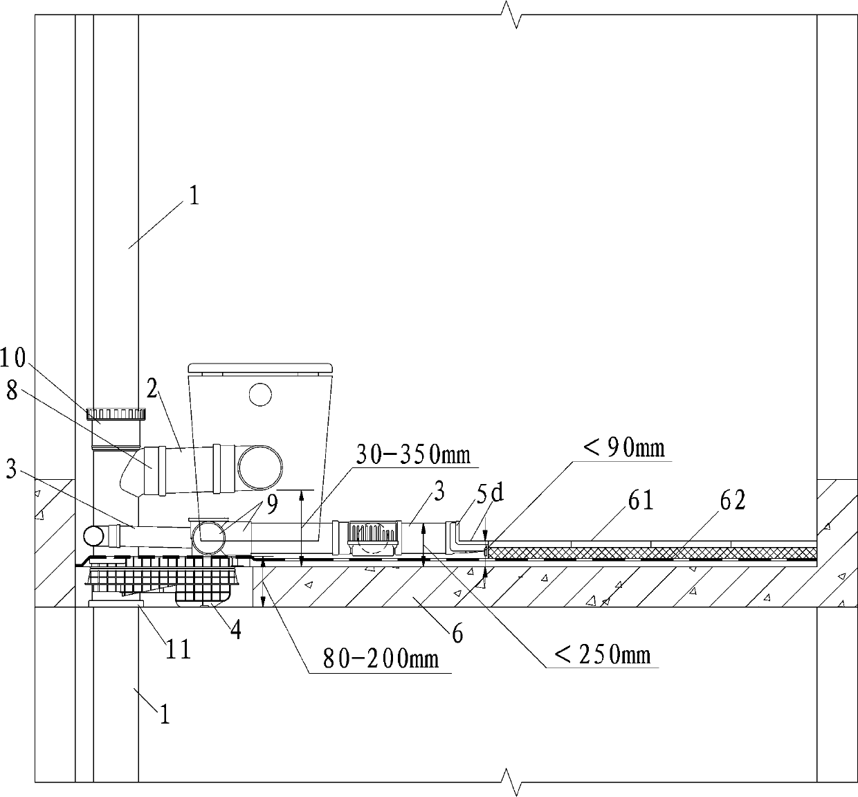 Non-descending board same-floor drainage system for toilet