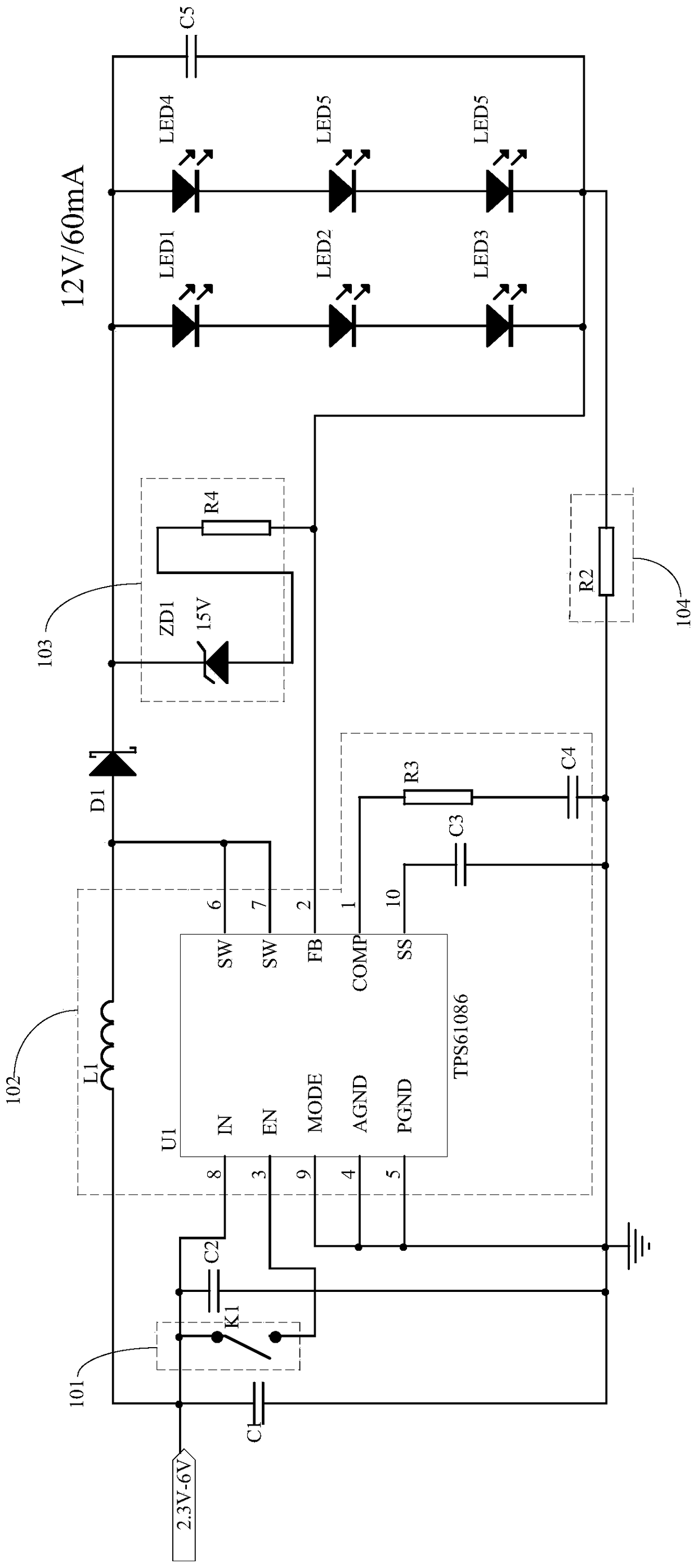 Constant current drive led overcurrent and overvoltage protection circuit