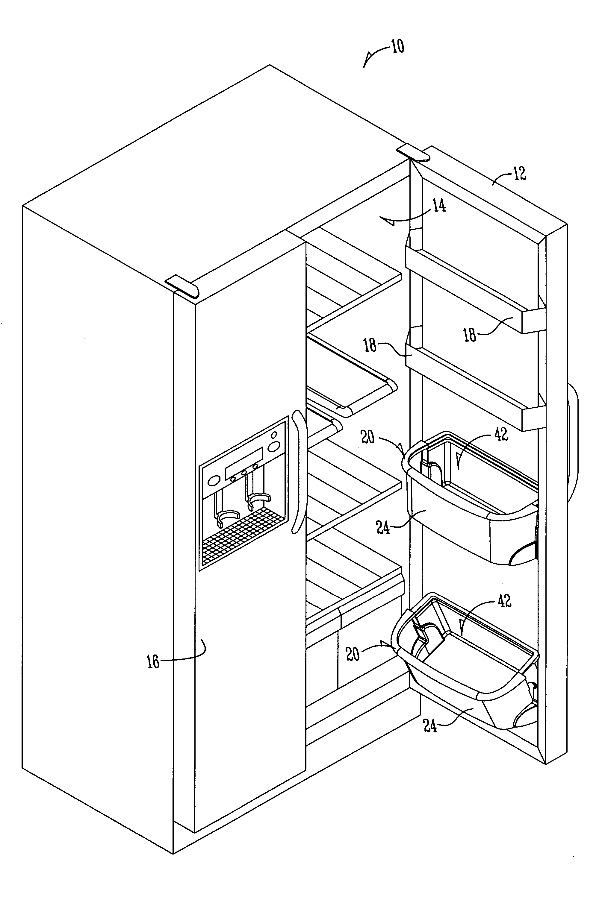 Tilt-out door buckets for refrigerators or freezers