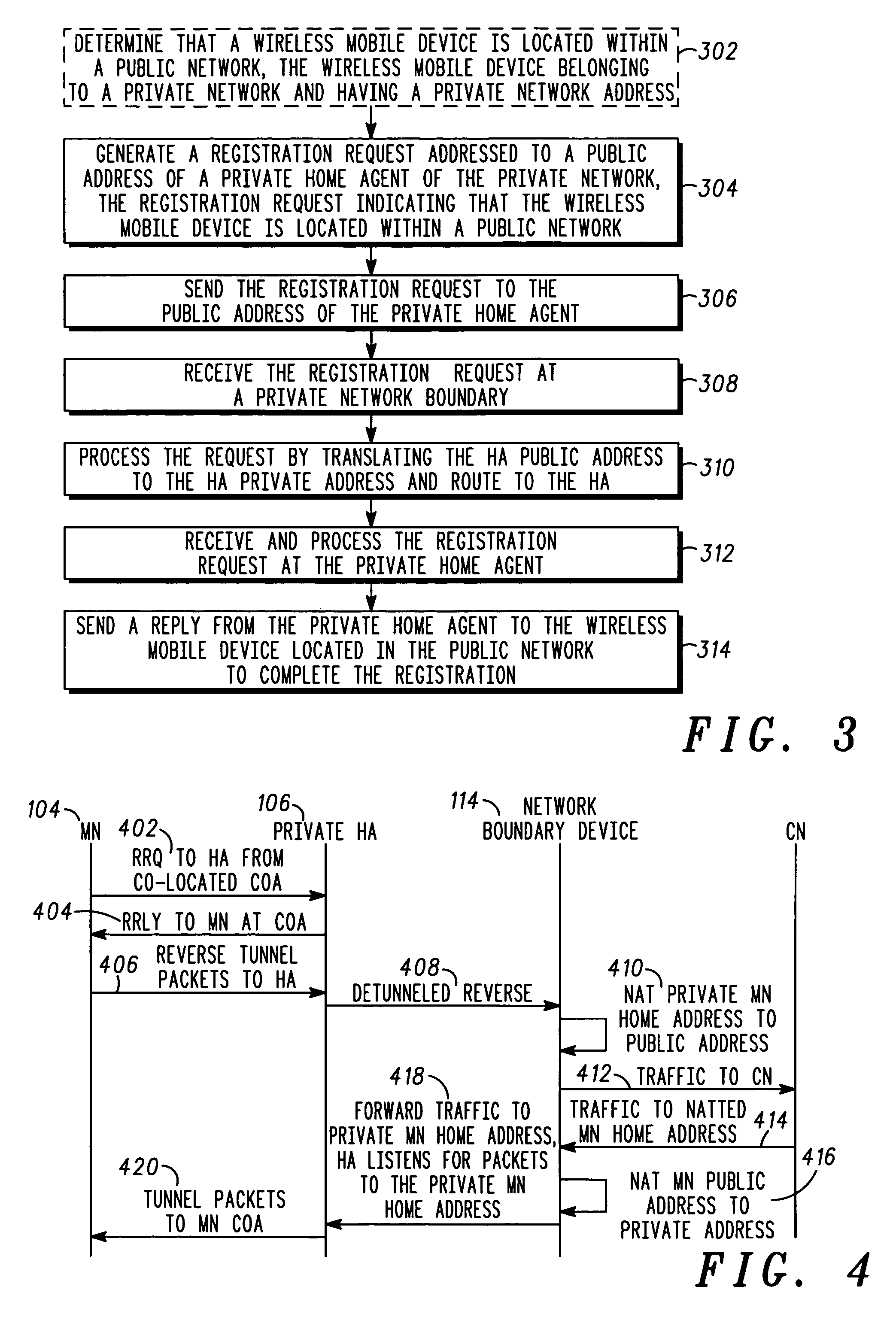 Method and apparatus for a mobile device to address a private home agent having a public address and a private address