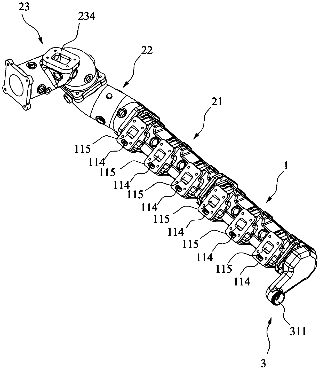 A cavity-splitting exhaust pipe assembly and engine