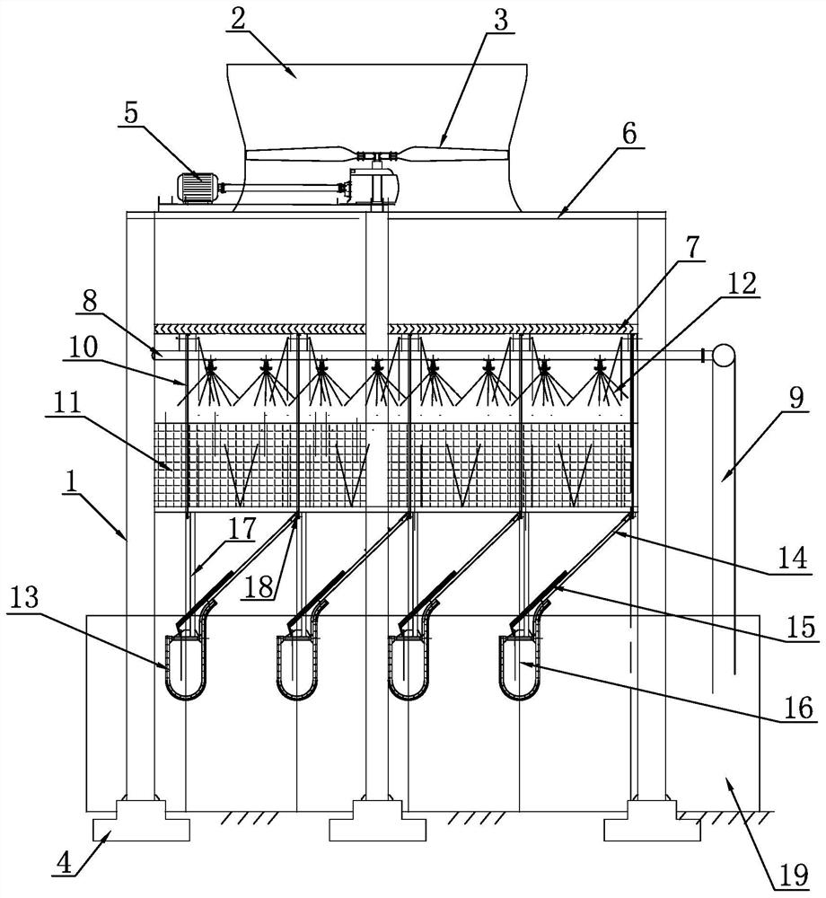 Energy saving and noise reduction cooling tower capable of achieving mechanical ventilation and high-position water collection