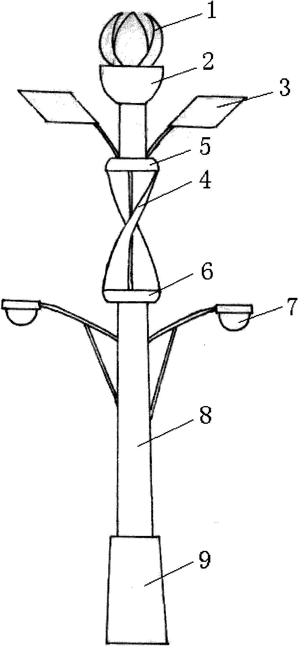 Light energy and wind energy complementary illumination device on vertical shaft