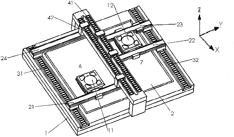 Device and method for exchanging of double workpiece tables on lintel type single/double guide rails in double-drive stepping scanning