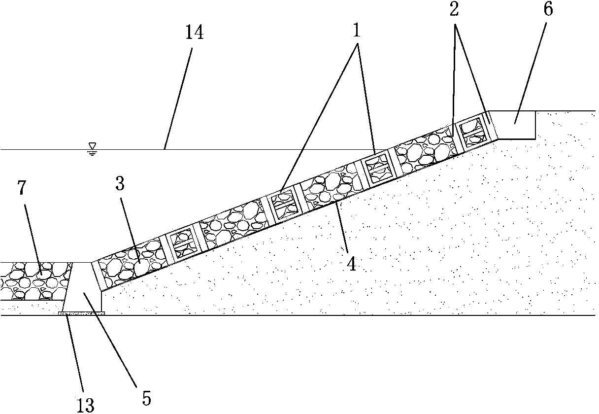 Lattice type river bank revetment structure and construction method thereof