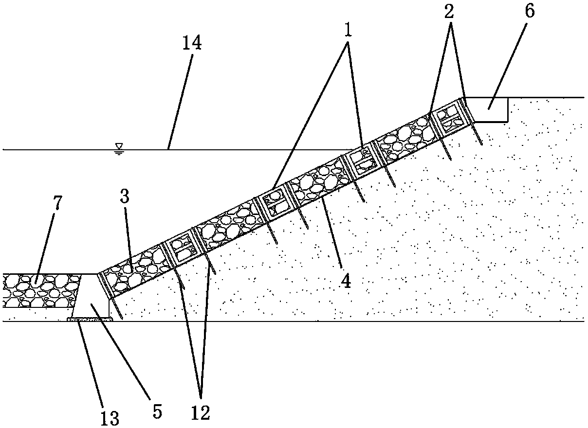 Lattice type river bank revetment structure and construction method thereof