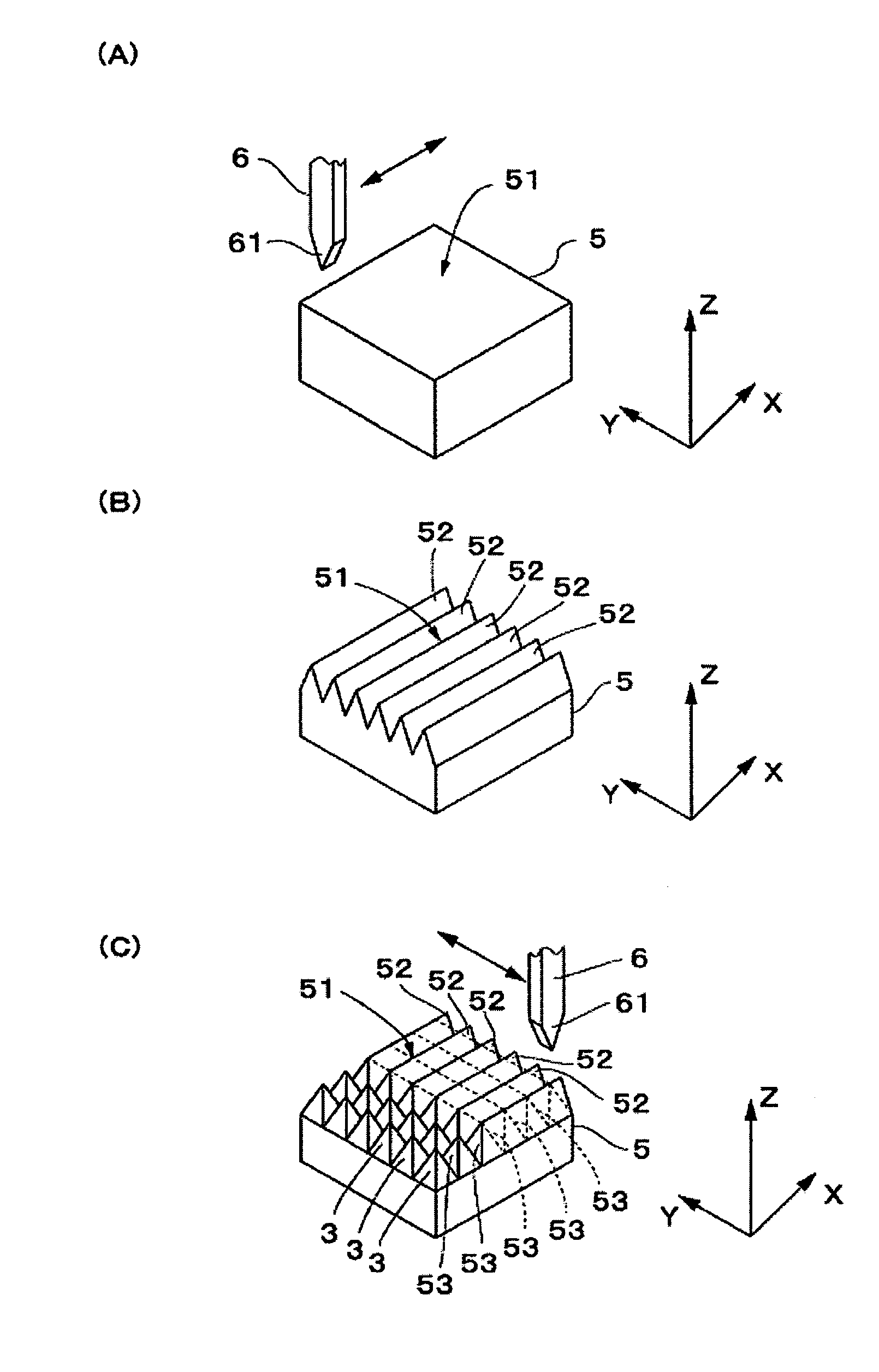 Grating forming method and manufacturing method for master member for manufacturing molding die