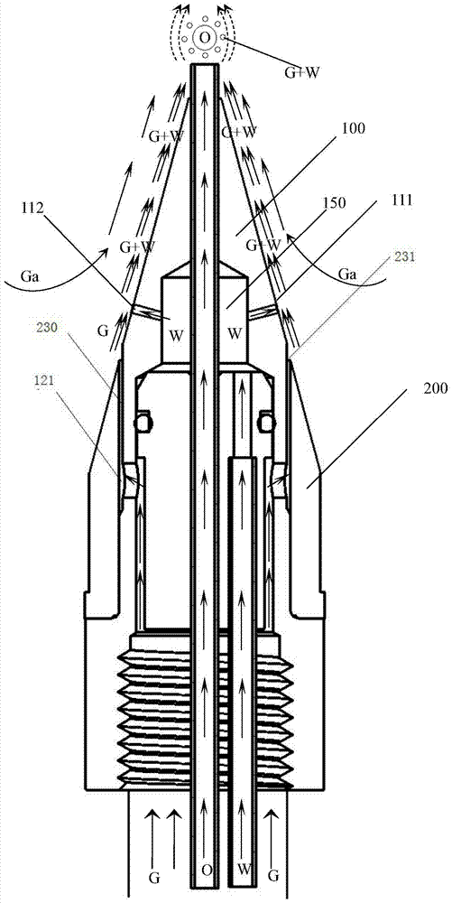 Oil-water-gas three-phase mixing nozzle and nozzle system including the nozzle