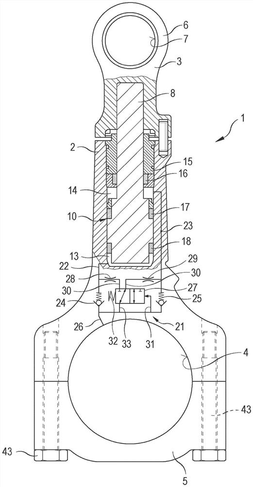 Control plunger latch with separate control piston for length-adjustable connecting rod