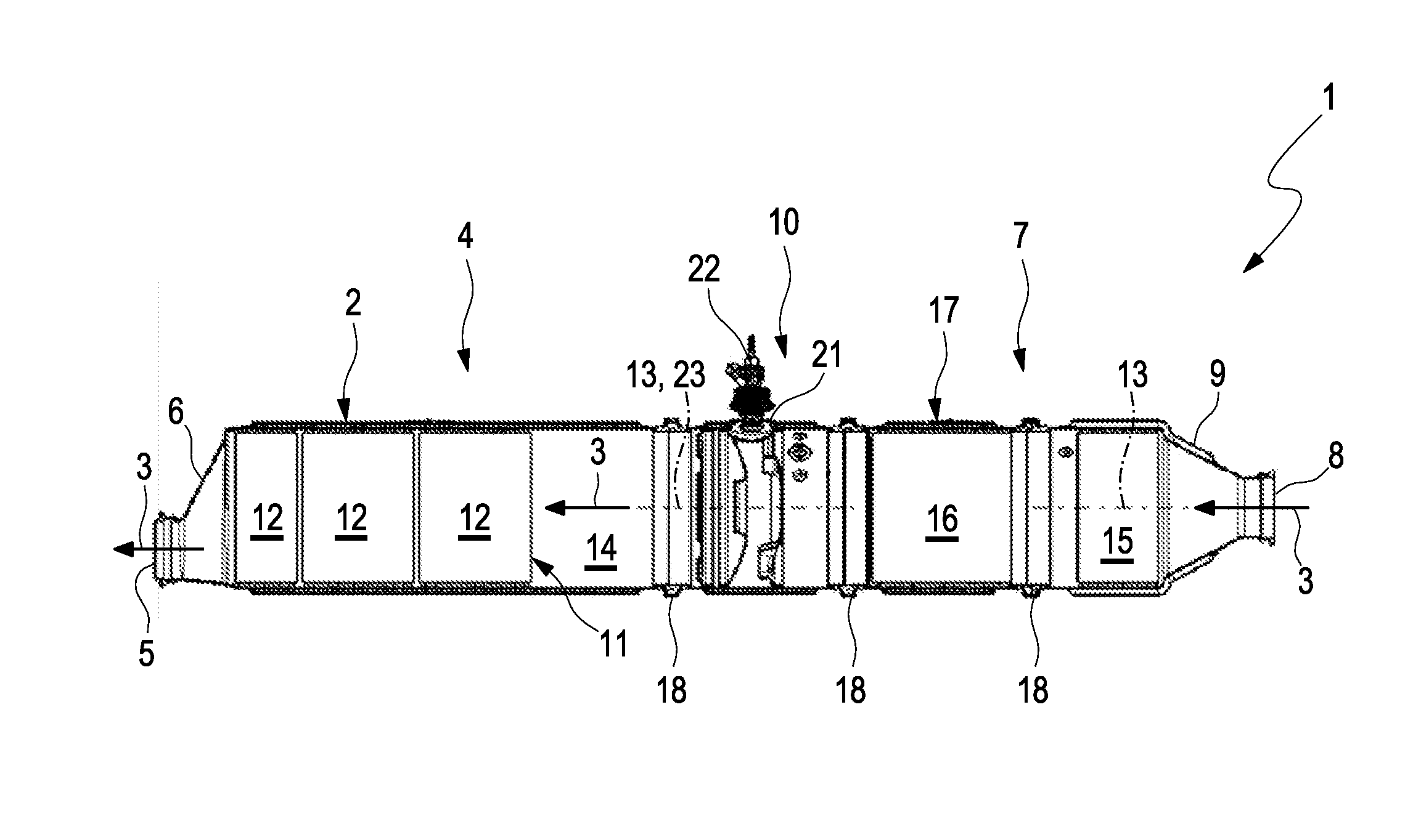 Exhaust gas aftertreatment device with injection section