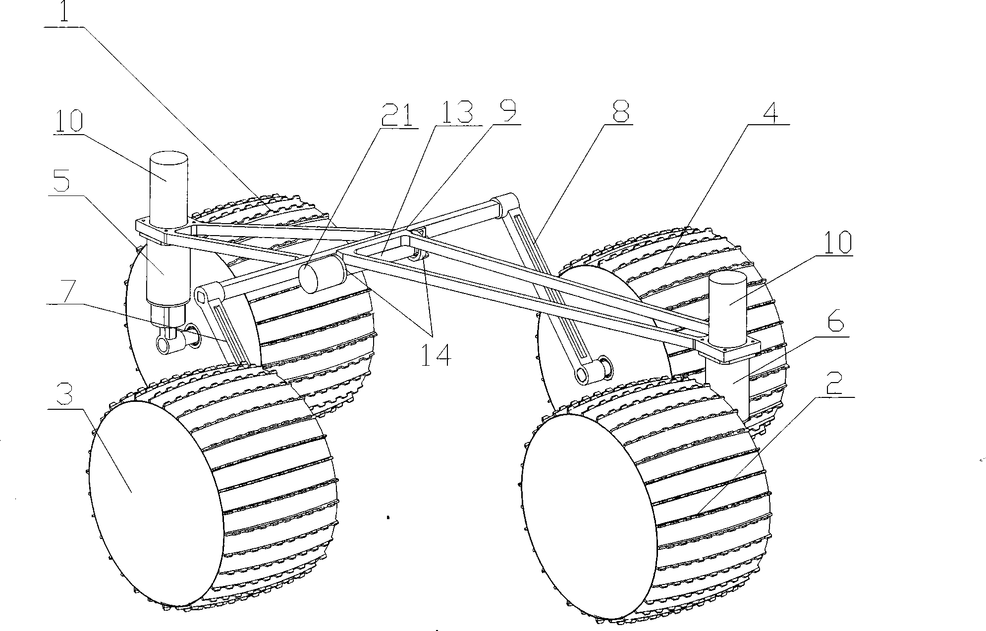 Driven swinging arm type rhombic moonmobile moving system with actively-adjustable front and rear frames