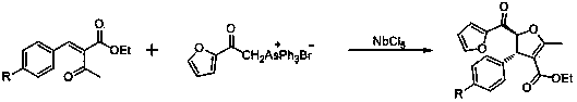 Method for preparing 2-furan formyl-3-aryl-4-ethoxycarbonyl-5-methyl-anti-form-2 and 3-dihydrofuran under catalytic action of niobium chloride