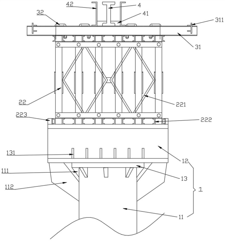 Overwater gantry crane rail foundation reinforcing structure and construction method thereof