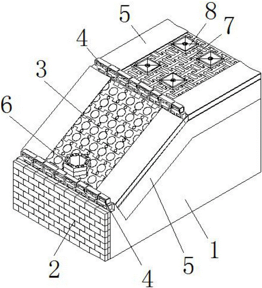 Ecological slope protection system produced by applying soil-retaining bricks
