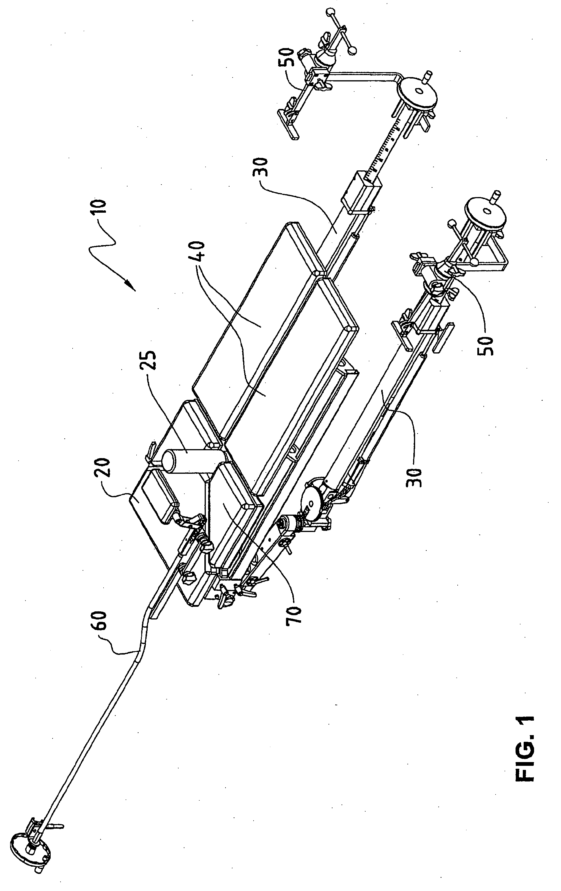 Modular device for positioning and immobilisation of a patient's body for surgical operations and corresponding operating table