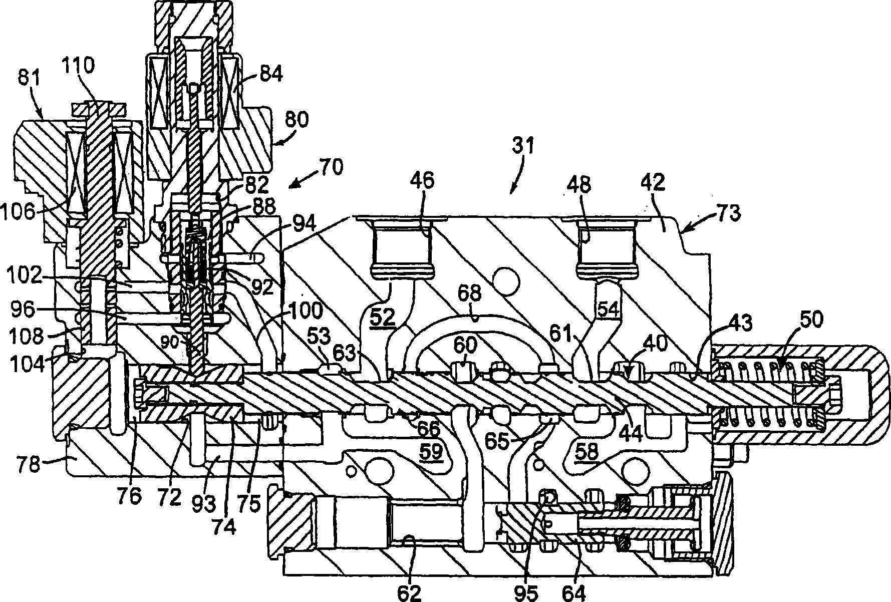Hydraulic valve assembly with direction sliding valve and regeneration flow dividing valve with pressure compensation