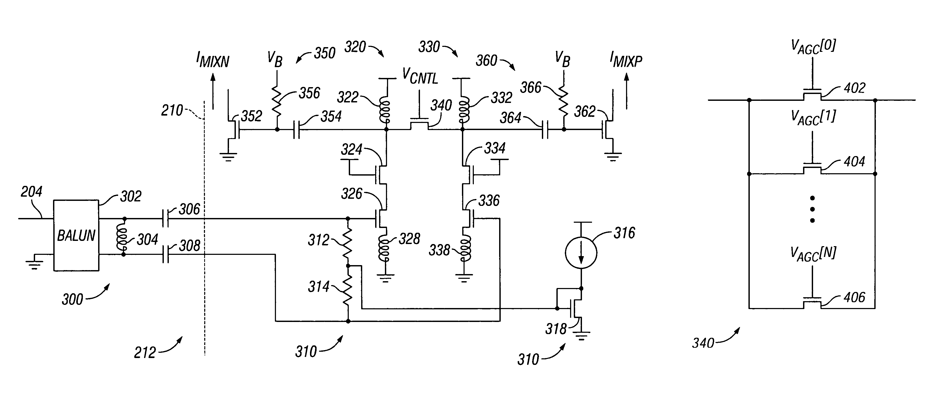 Radio frequency low noise amplifier with automatic gain control