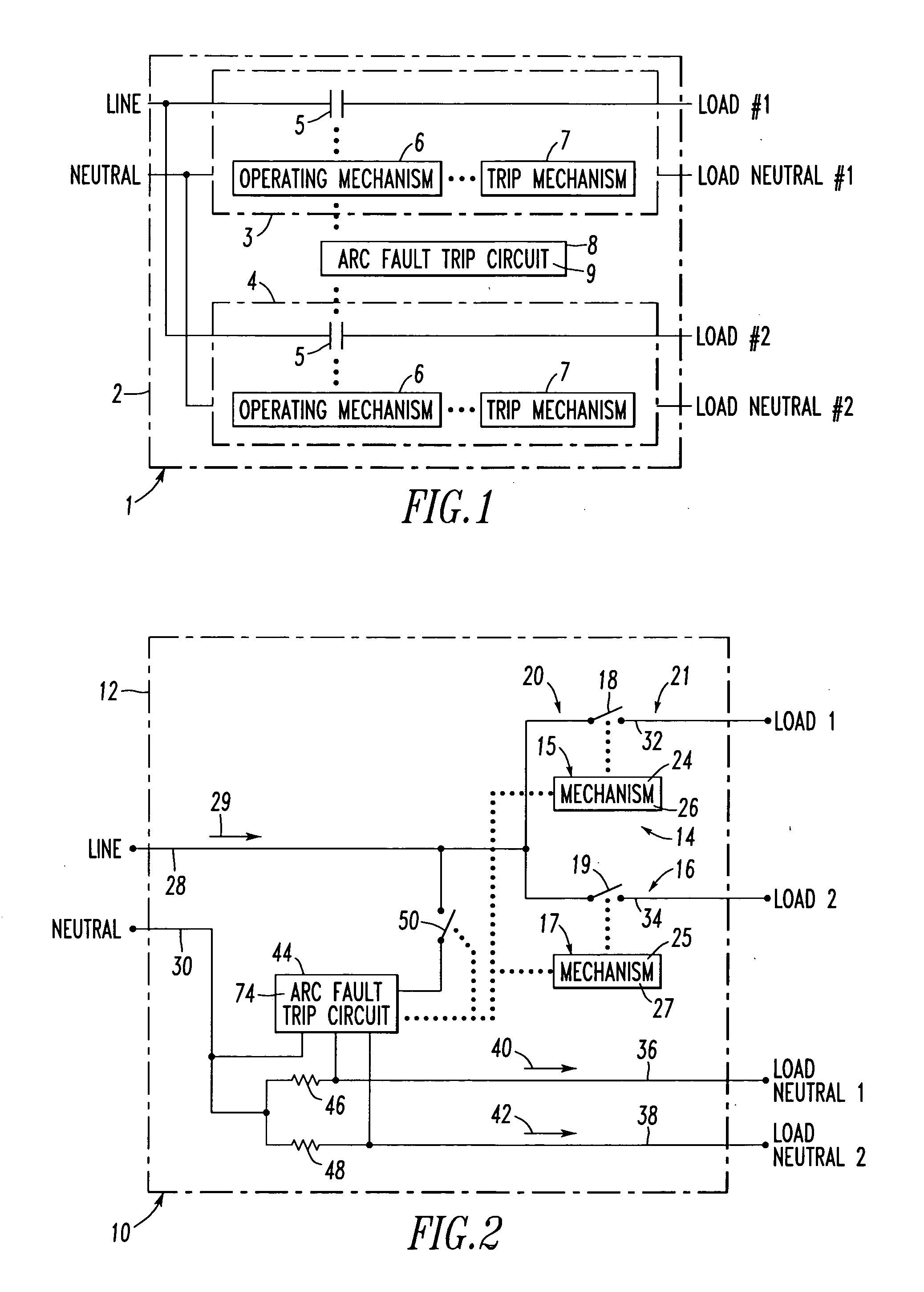 Two pole circuit interrupter employing a single arc fault or ground fault trip circuit
