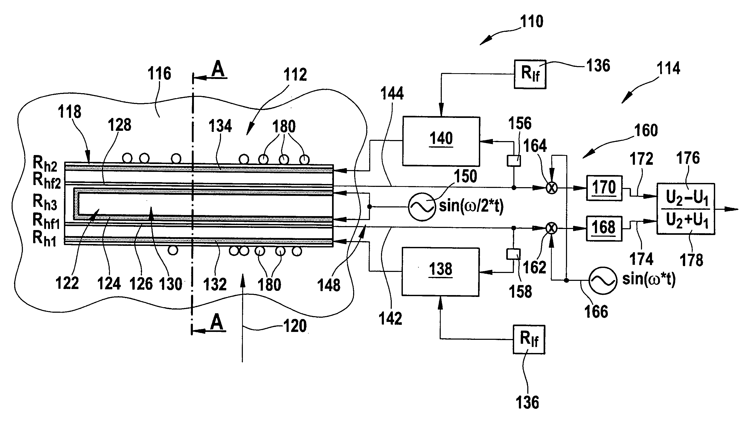 Hot-film air mass meter having frequency-modulated signal detection
