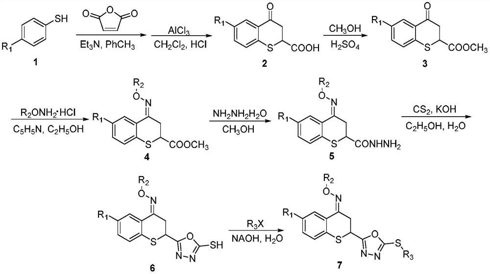 Preparation method and application of thiochroman-4-ketone derivative containing 1, 3, 4-oxadiazole thioether and oxime ether structure