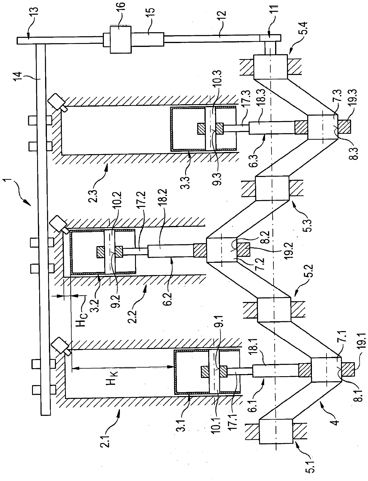 Device for adjusting the effective length of a connecting rod depending on the supply pressure