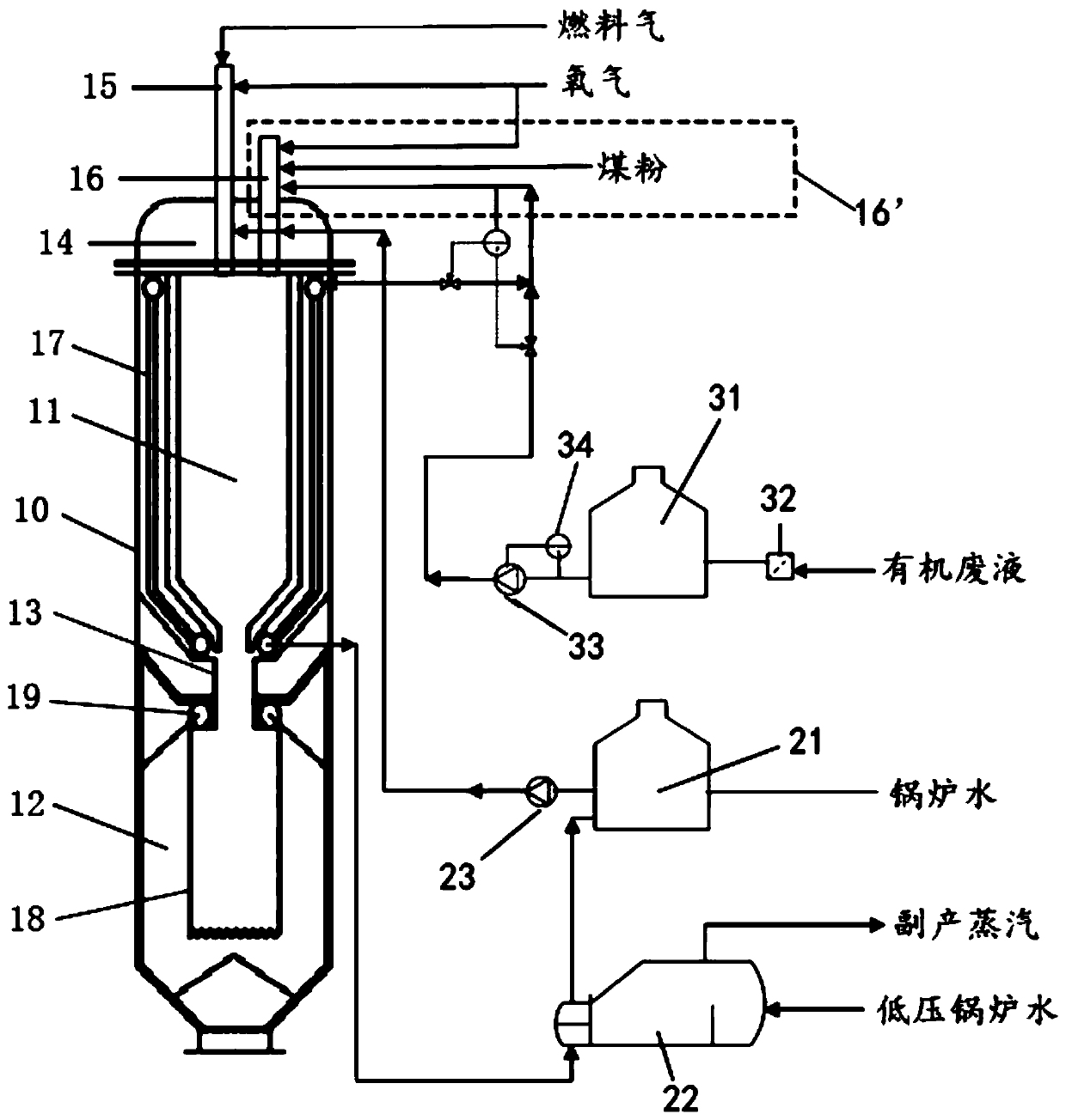 Coal gasification system and method for treating organic waste liquid