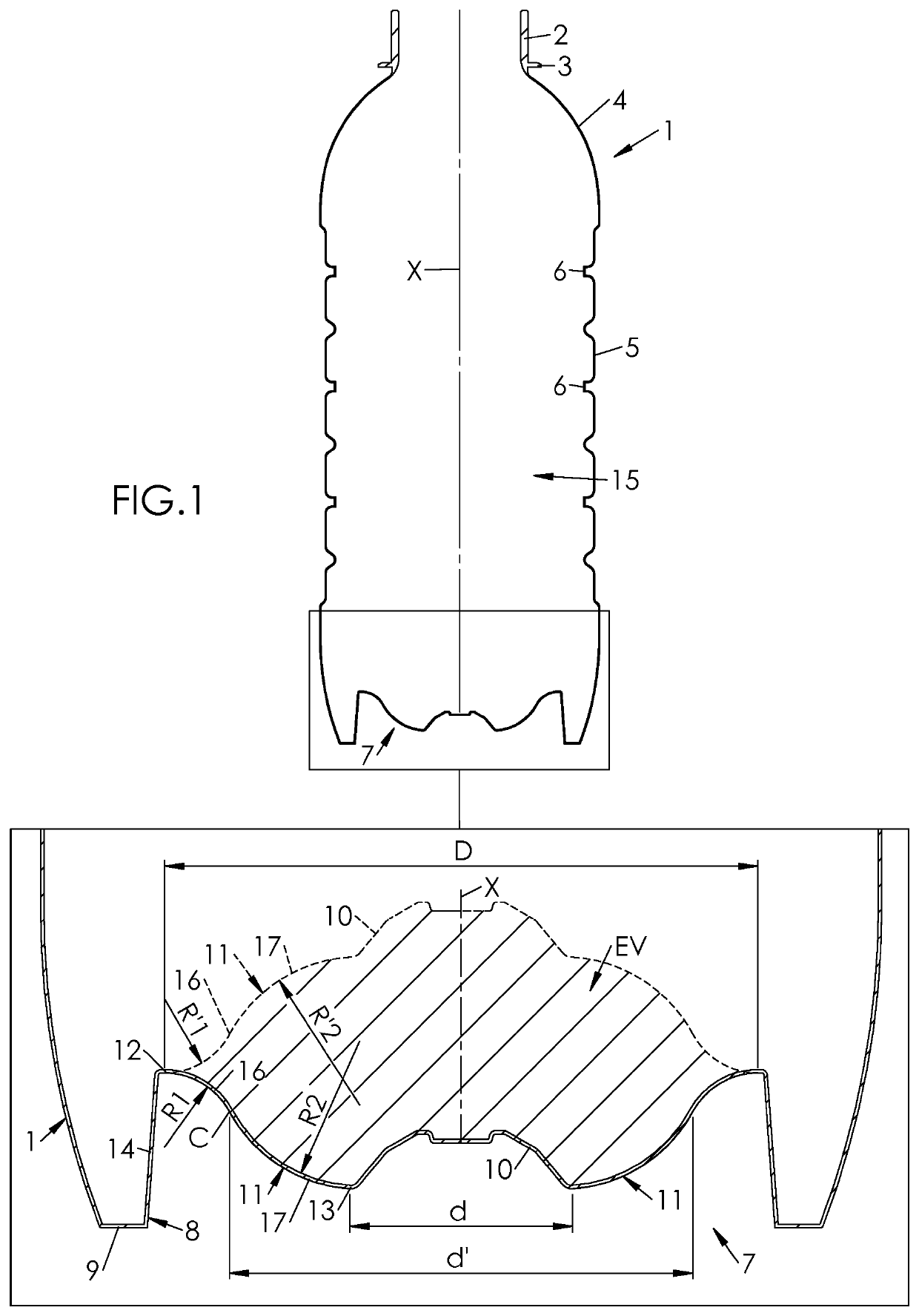 Container provided with a curved invertible diaphragm