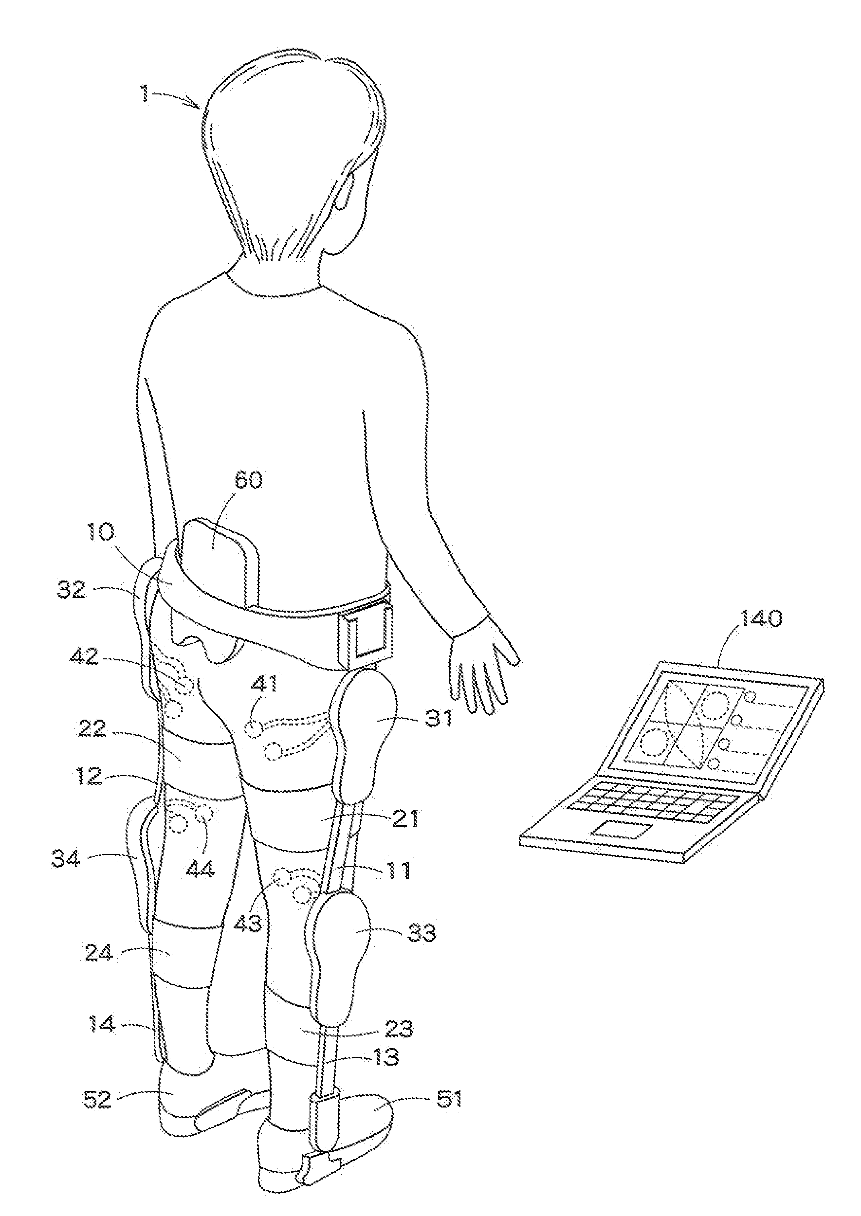 Wearable action assisting device, interface device therefor, and program