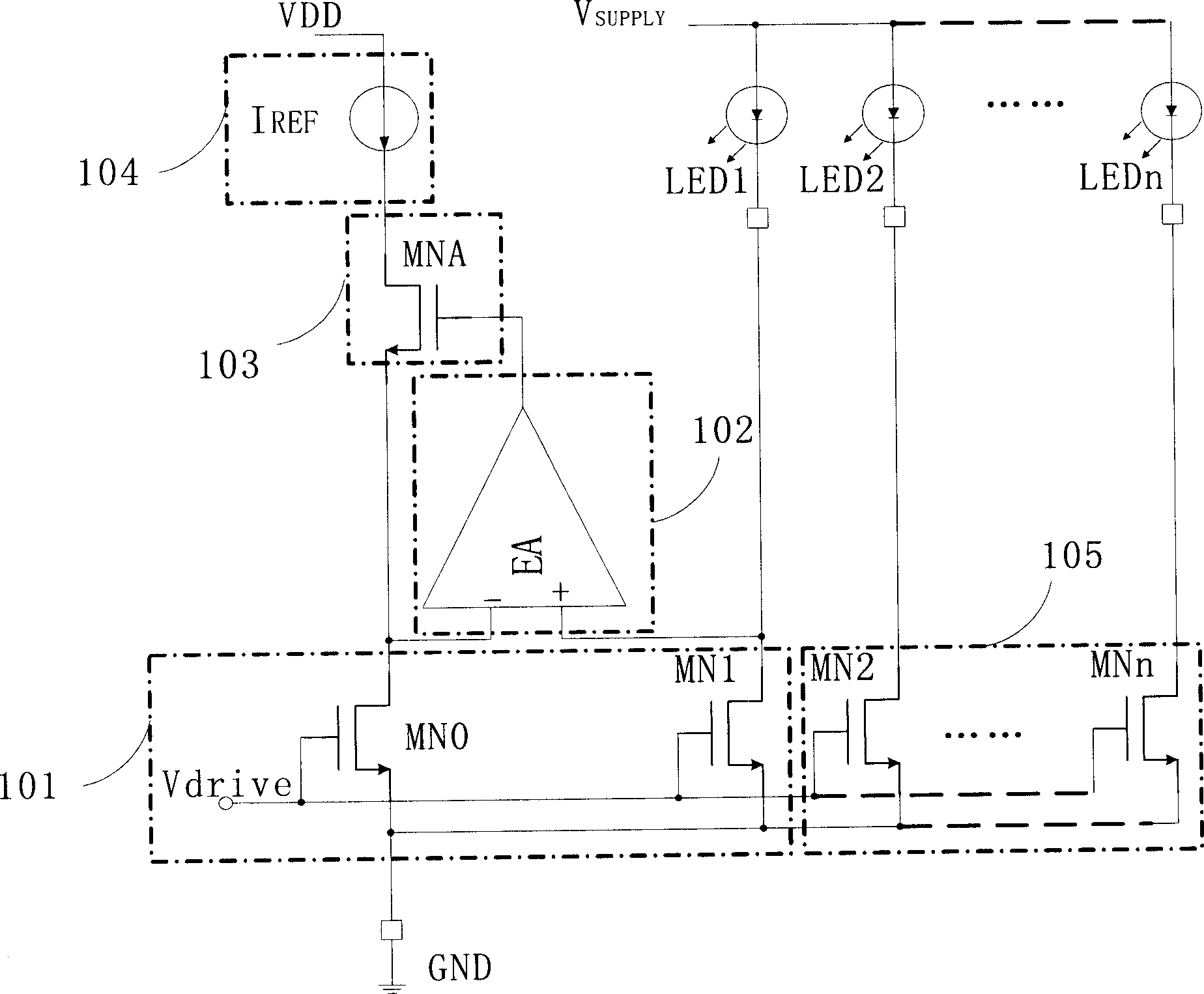 Current source circuit of multiplex parallel LED driven by one reference current