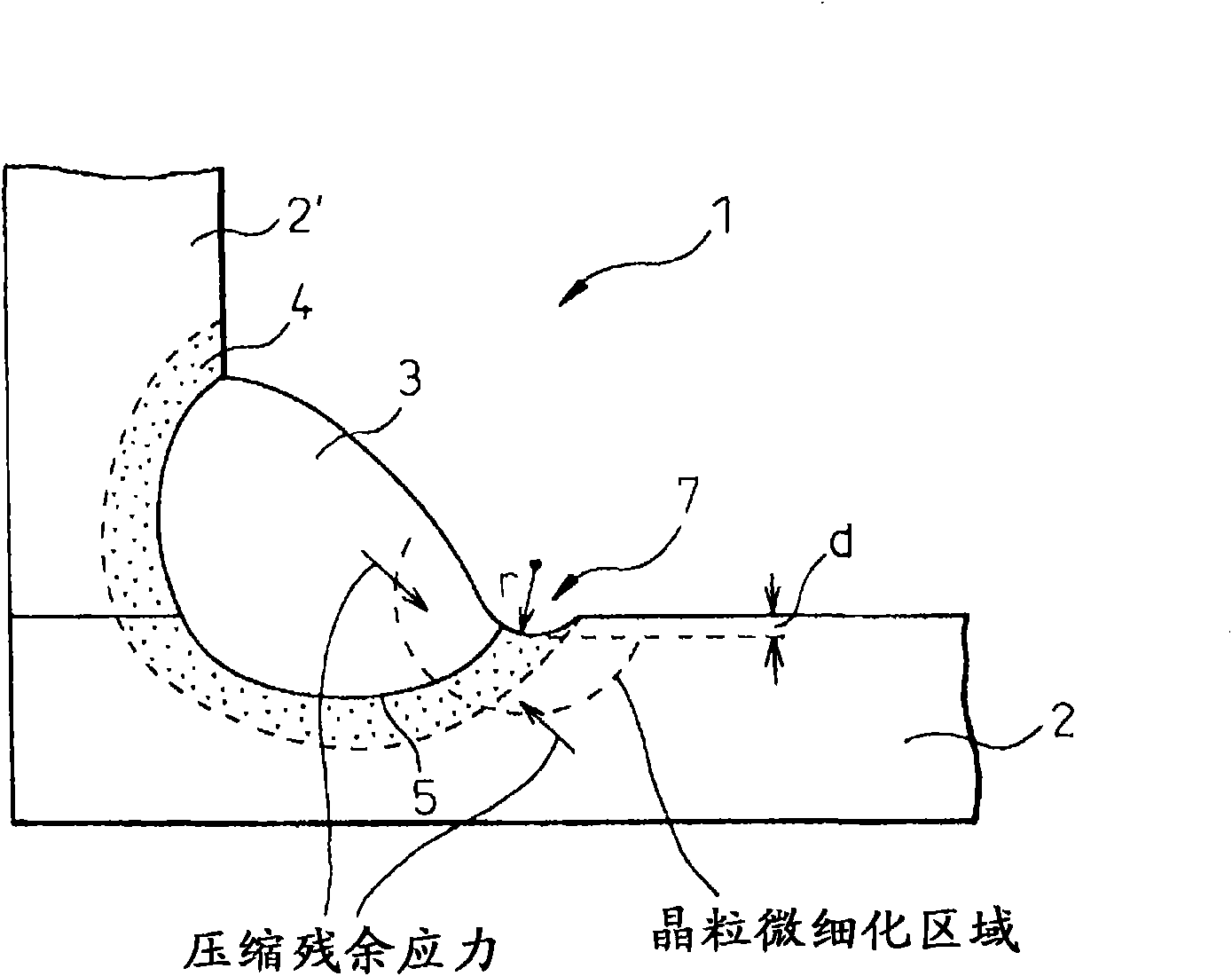Welded joint with excellent fatigue-resistance characteristics, and method for producing same