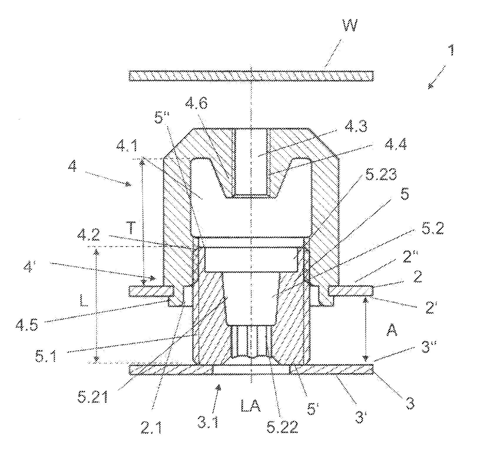 Adjustable fastening device and method for producing a prefabricated subassembly from at least one adjustable fastening device and a component
