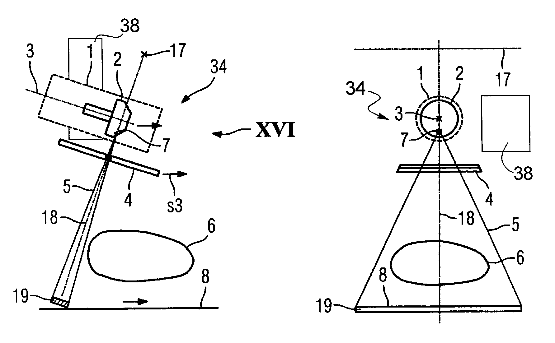 X-ray device that emits an x-ray beam with a scanning-like movement