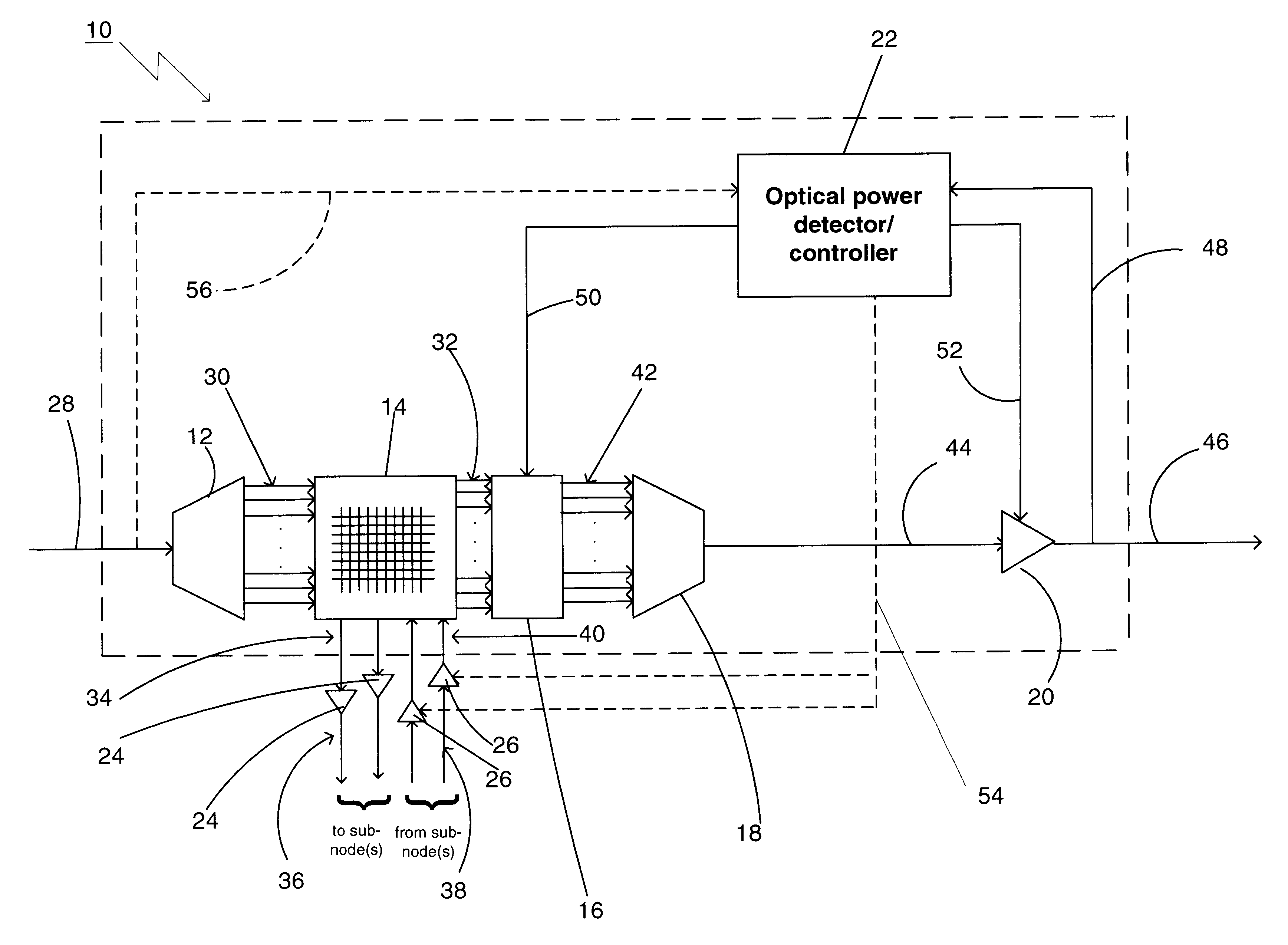 Optical power managed network node for processing dense wavelength division multiplexed optical signals