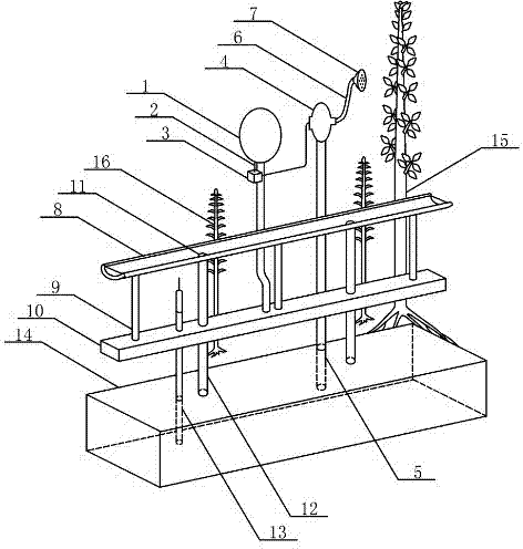 Device for using water lifting pump to lift water from rainwater collection tank to water trees and with power supply through lithium ion battery