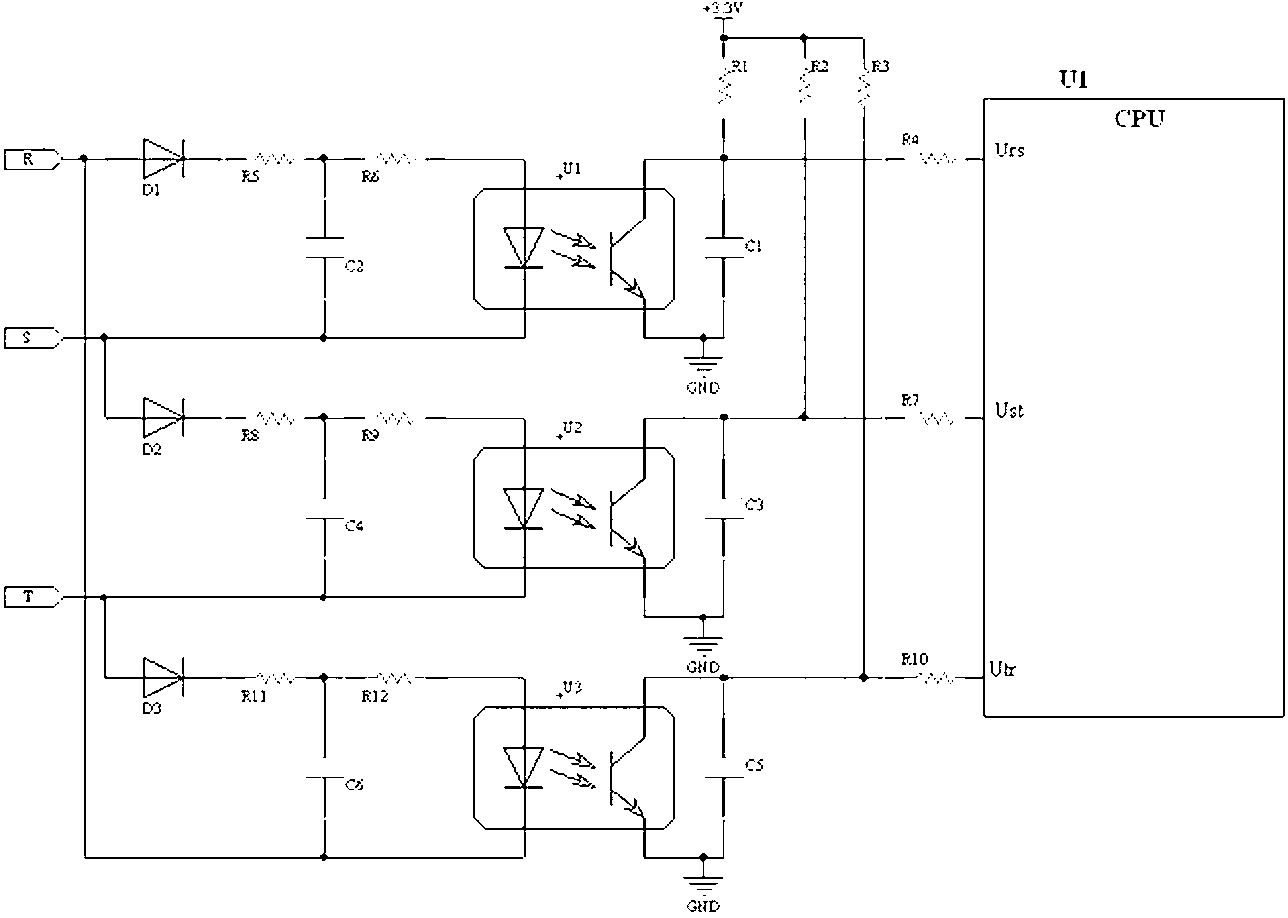 Detection circuit for three-phase alternating current phase dislocation and phase loss and detection method of detection circuit