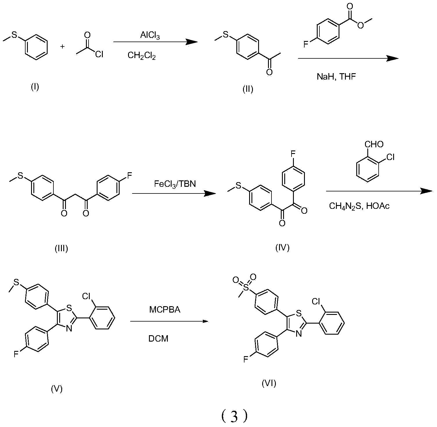 Method for synthesizing 2-(2-chlorophenyl)-4-(4-fluorophenyl)-5-[4-(mesyl) phenyl] thiazole