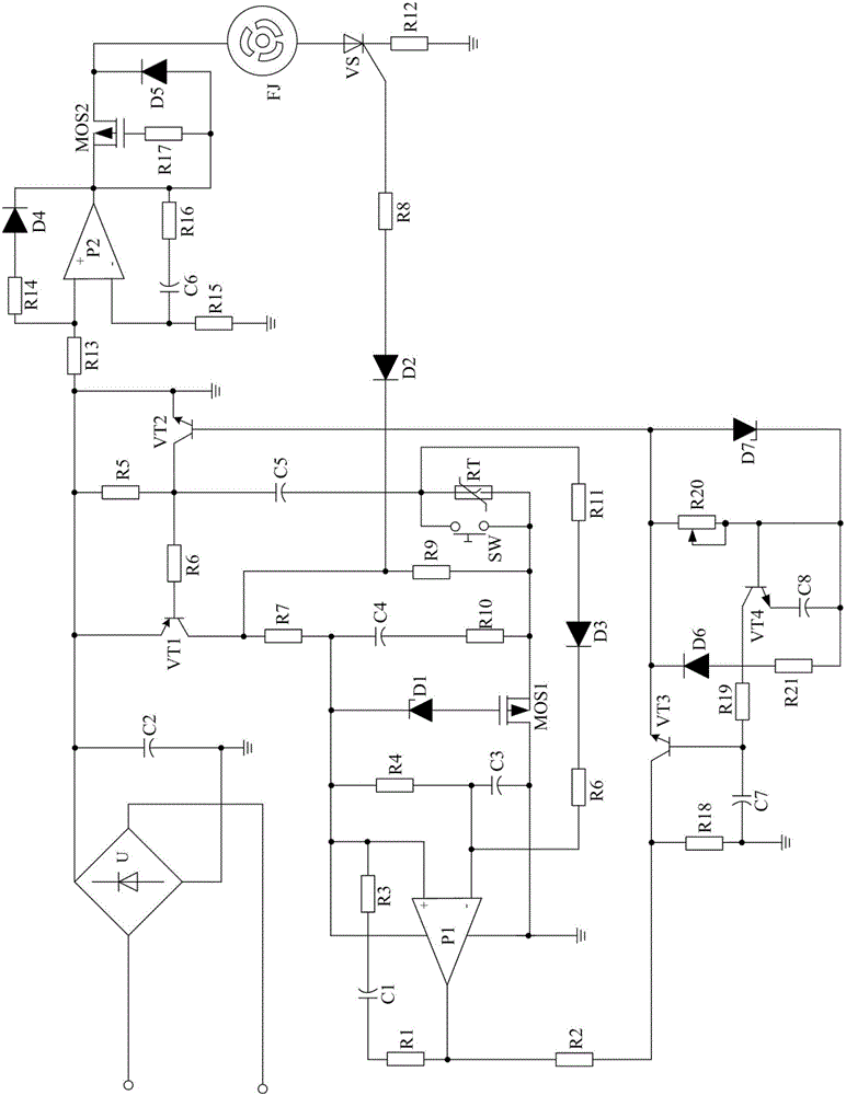 High-electric-current inhibited type energy-saving control circuit for ventilating fan
