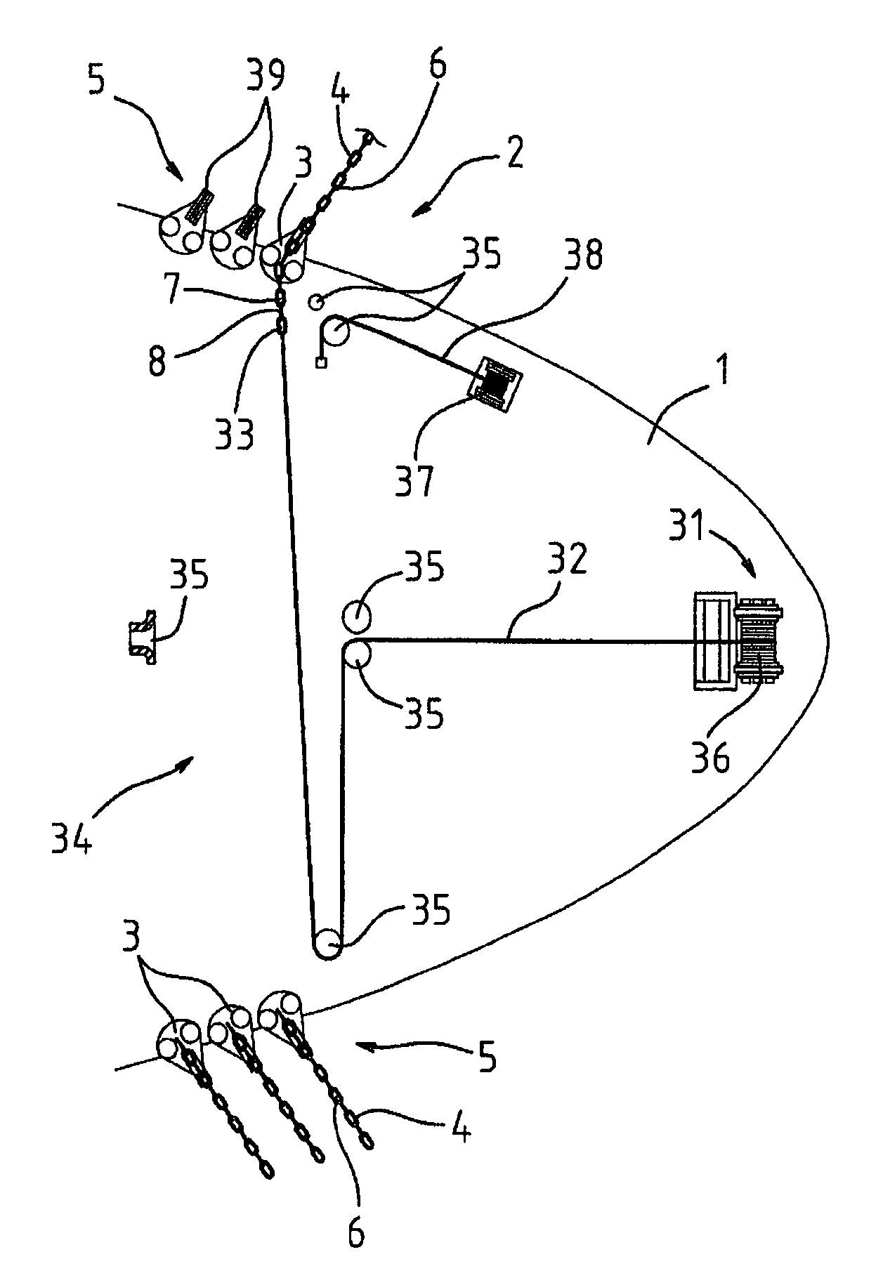 Traction method and system for an operating line, in particular a mooring line, of a floating production unit