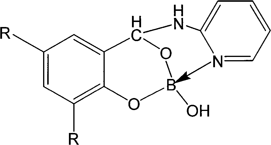 Pyridine-2''amino-2'-hydroxybenzene methanol phenylcarbinol boric acid ester compound and synthetic method thereof